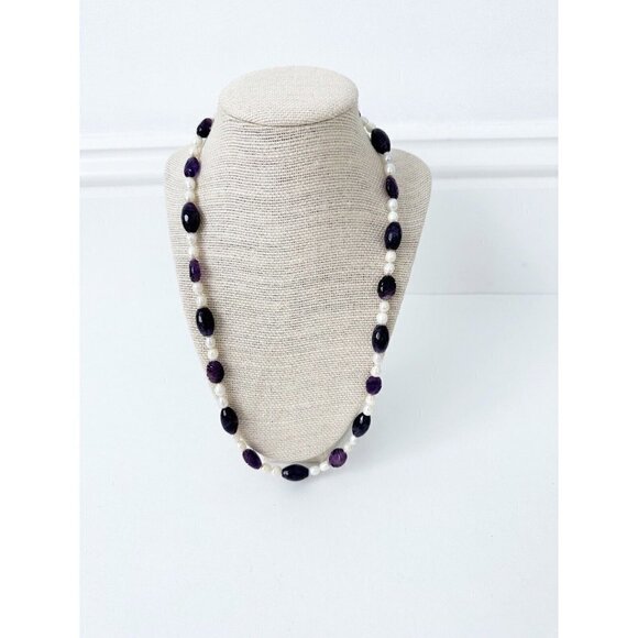 NWT Genuine Carved Amethyst, Amethyst & Pearls Beaded Necklace Purple White - Picture 1 of 5
